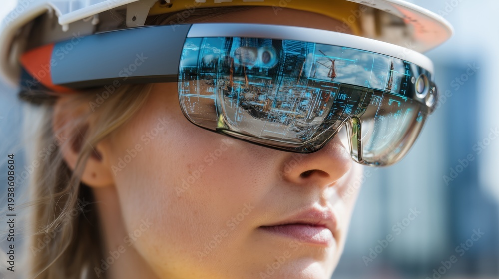 Naklejka premium female engineer using ar goggles to visualize construction site digital interface