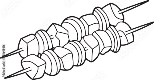Shashlik. Chicken meat on a wooden skewer. Sketch. Vector illustration. Pieces of meat and onions are prepared for grilling on the grill. one line art icon drawing vector