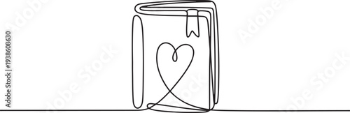 Diary for love notes. Bookmark among sheets. Sketch. Heart on the cover. Closed. Doodle style. A personal notepad for cute thoughts. one line art icon drawing vector