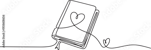 Diary for love notes. Bookmark among sheets. Sketch. Heart on the cover. Closed. Doodle style. A personal notepad for cute thoughts. one line art icon drawing vector