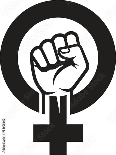 A black and white image depicting a clenched fist rising from the female symbol representing feminist power