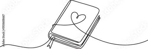 Diary for love notes. Bookmark among sheets. Sketch. Heart on the cover. Closed. Doodle style. A personal notepad for cute thoughts. one line art icon drawing vector