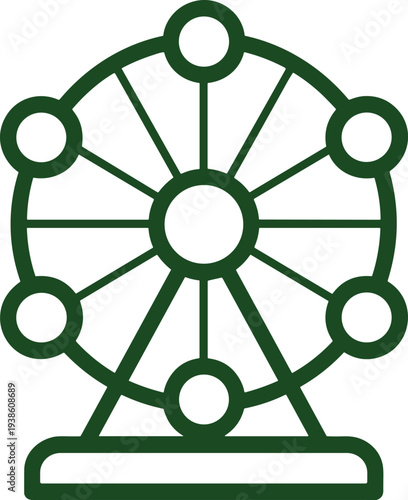 Ferris wheel icon, amusement park ride, carnival attraction, leisure activity, entertainment symbol, fairground design, festival fun, tourism graphic, recreation, minimal illustration