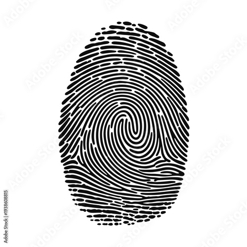 Black fingerprint graphic with swirling lines on a white background thumbprint identification