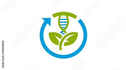 Symbol with plant leaves, helix, and a circular arrow, suggesting science, environment, and renewal