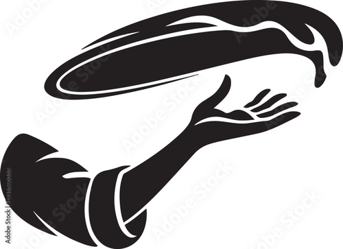 Hand of Chef Throwing Pizza Dough in the air, black isolated silhouette. black vector