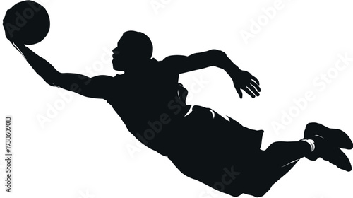 Dynamic silhouette of a basketball player jumping in mid-air to score, capturing athletic action and competitive sport.