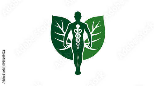 Human figure with caduceus symbol on green leaves, representing natural health, holistic wellness, herbal medicine, and organic healthcare.
