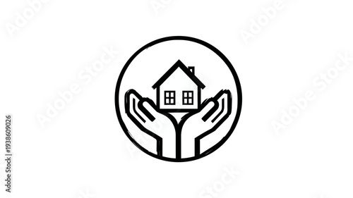 Home protection and real estate icon with house held in cupped hands, symbolizing shelter, care, and property security