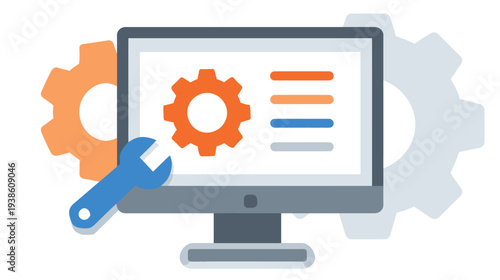 Computer system settings, software development, and IT maintenance concept with gears and wrench illustration on desktop screen.