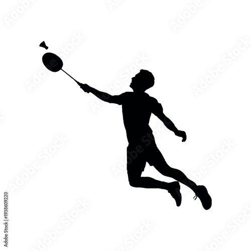 Silhouette of a badminton player hitting shuttlecock isolated on white background