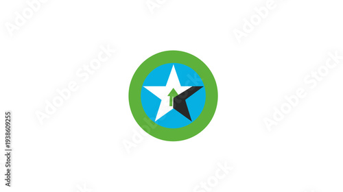 A white star, green circle, arrow, and black shape comprise a minimal, graphic composition