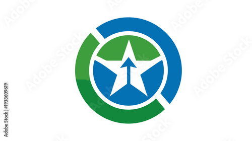 A vibrant graphic comprised of a central star and arrow within a blue circle and green partial ring