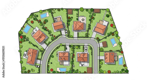 Aerial view of a residential housing development plan with homes and pools.