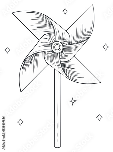 Line art illustration of a toy pinwheel with simple star shapes on white, perfect for coloring pages or simple design projects.