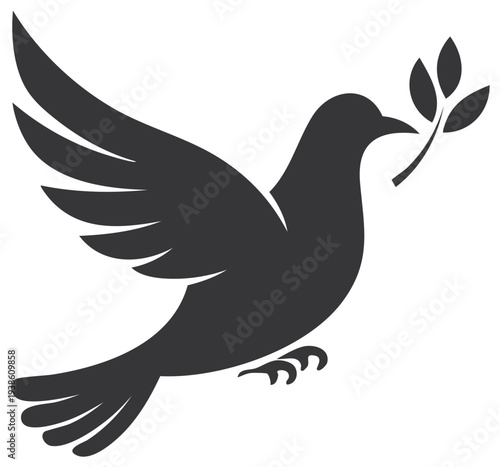 Peaceful Flying Dove Silhouette Carrying Olive Branch Symbol of Hope and Freedom Vector Graphic