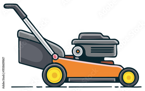 Illustration of a modern orange lawn mower with a grass catcher bag