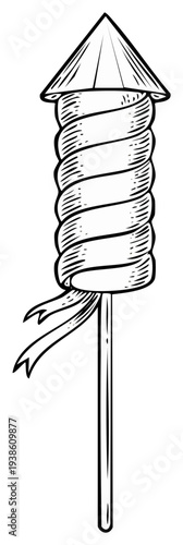 Vintage-style illustration of a firework rocket, with a cone-shaped top and ribbon, ready to launch.