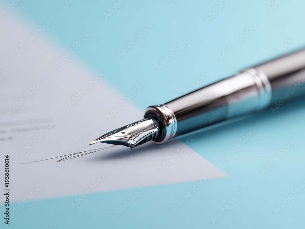 Fototapeta premium pen signing contract close up isolated on a light blue background