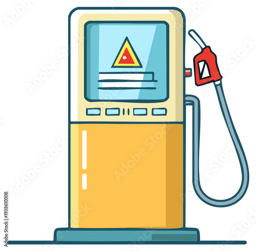 Cartoon gas pump with red nozzle and warning sign on screen fuel dispenser illustration