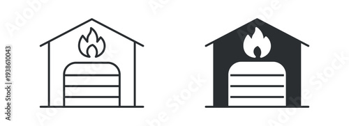 Garage with fire flame warning icon in outline and solid silhouette style. Vector illustration.
