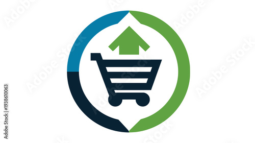A shopping cart icon within a circular arrow design with an upward-pointing green arrow