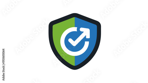 A graphical illustration of a shield split in green and blue containing a tick with an arrow