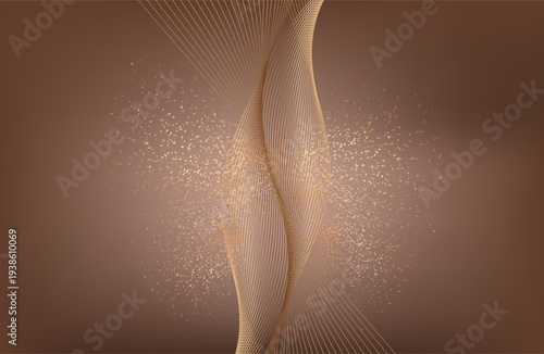 Gold abstract waves background. Golden curve lines vector illustration isolated on brown Luxury glitter shiny swirl pattern. Elegant modern fashion design element. sawing dots. brown gold sparkle back