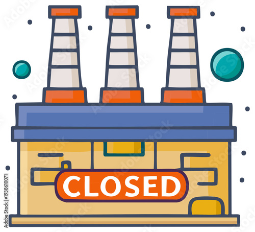 Closed industrial facility or factory, three smokestacks, business shutdown concept