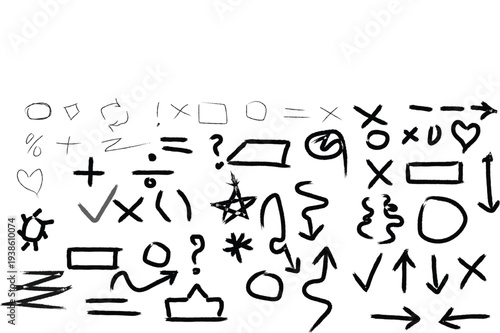 Various black and white doodle symbols and on a white background
