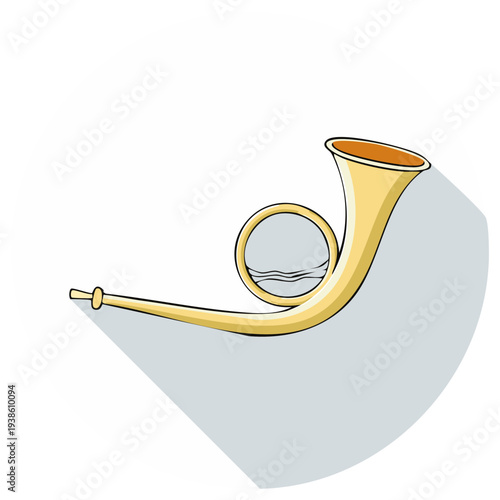 Classic golden hunting horn musical instrument with a modern long shadow illustration