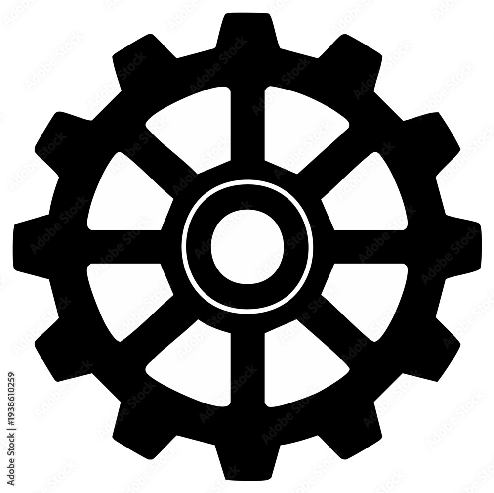 Obraz premium Black and White Illustration of a Gear or Cogwheel with Spokes for Mechanics or Industrial Concepts