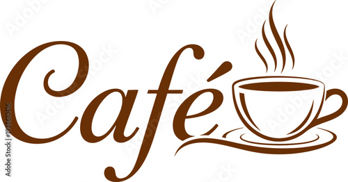 Classic cafe typography with artistic line art coffee cup and saucer on transparent layer