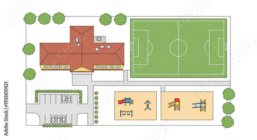 Aerial view of a school campus with sports facilities and buildings.