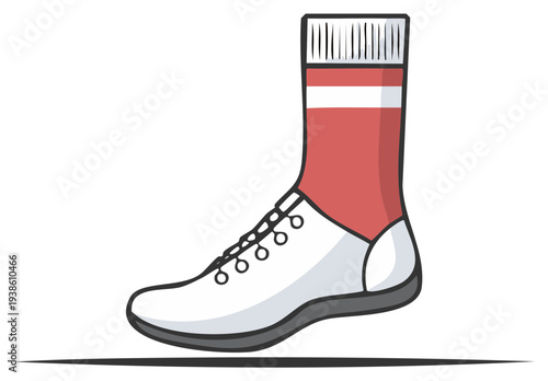 Cartoon illustration of a sports shoe with a red and white sock design