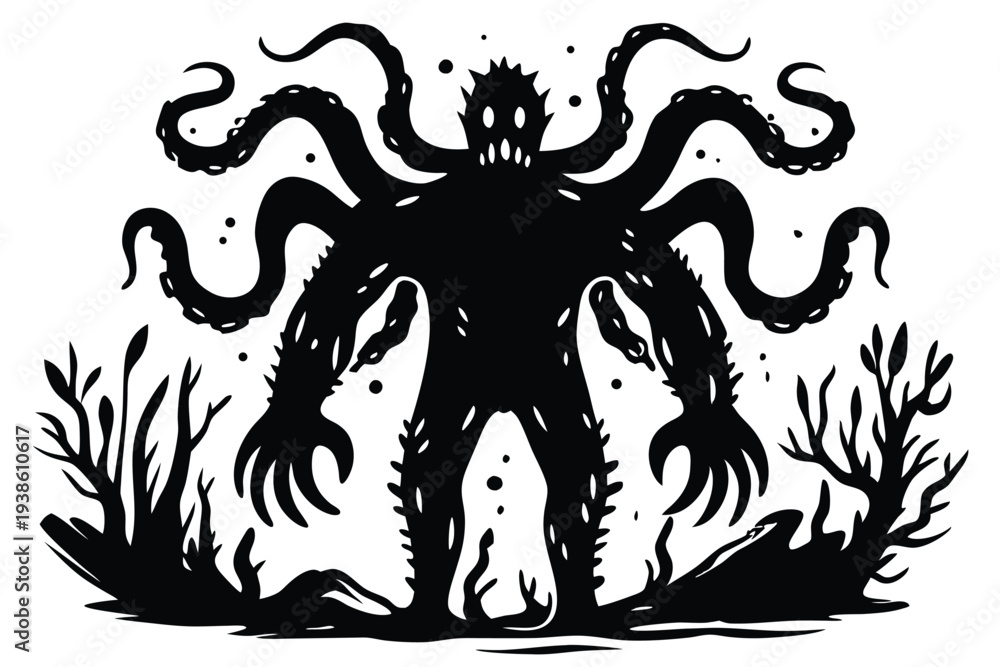 Fototapeta premium Stylized Black Octopus Graphic with Many Detailed Tentacles Isolated on White