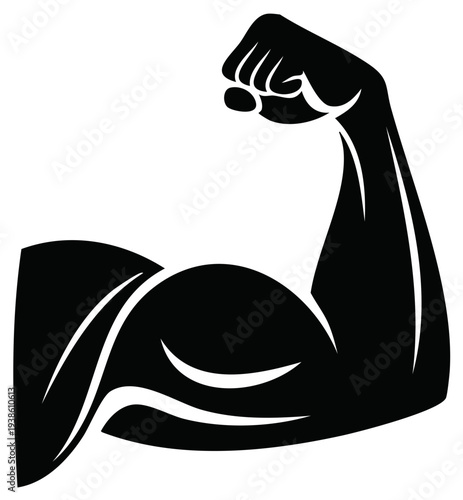 Powerful flexed arm showing bicep muscle and clenched fist silhouette representing strength and power