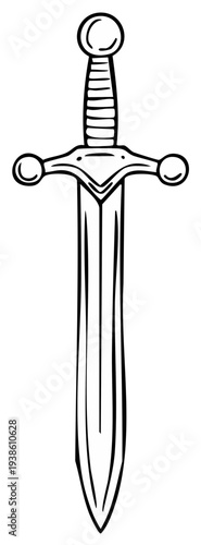 Ink drawing of a sword. Illustration of a fantasy weapon, with a detailed handle and blade.