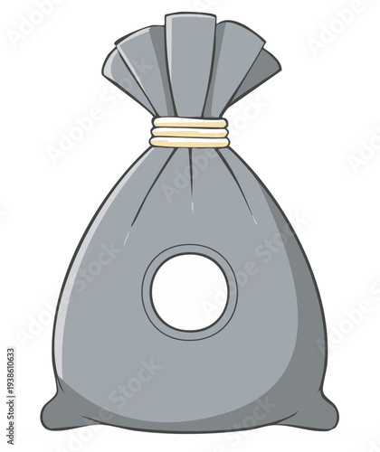 Gray cloth sack tied shut with an empty circular hole in the fabric for peeking, a visual metaphor.