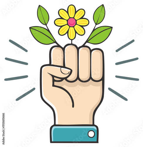 Empowered hand holding a vibrant flower, symbolizing strength, growth, and environmental activism, a vector illustration
