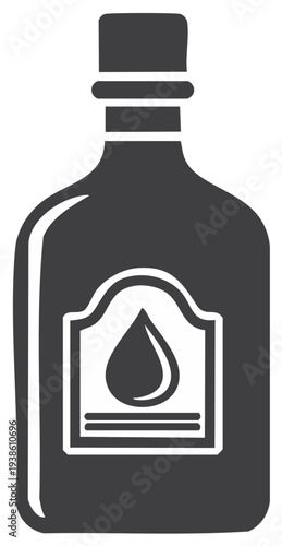 Illustrated bottle graphic with a label showing a liquid droplet symbol.