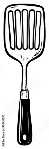 Illustrated kitchen spatula tool, black and white sketch.