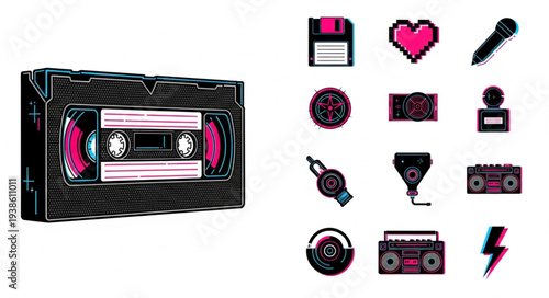 Retro audio and video cassette tapes and icons.