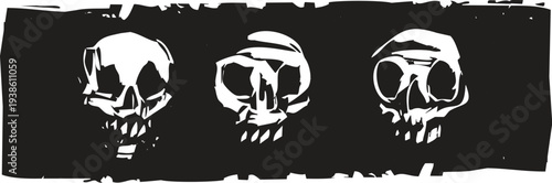 woodcut style image of Three Human Skullss