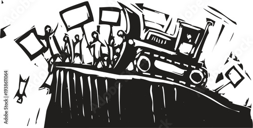 Protest Bulldozer - woodcut style Bulldozer pushing protesters off a cliff