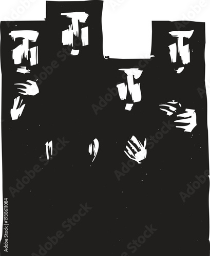 woodcut style image of  4 Women in Islamic  Hijabs