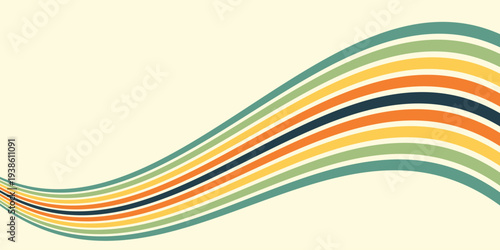 Abstract colorful 70s background vector. Vintage retro wallpaper with rainbow stripes and wavy lines. A 1970 color illustration suitable for posters, banners, decorative items and wall art.