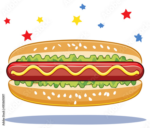 Cartoon Hot Dog with Mustard and Lettuce in a Sesame Seed Bun with Stars