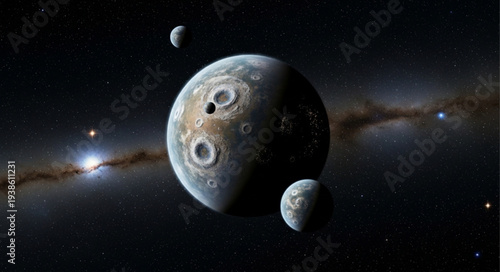 Alien planet with moons in deep space.