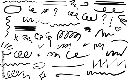 Hand Drawn Doodle Scribble Lines Set, Abstract Ink Underline Swirl and Sketch Marks Collection, Black Marker Pen Design Elements for Decoration, Highlight, Divider and Creative Handwritten Style